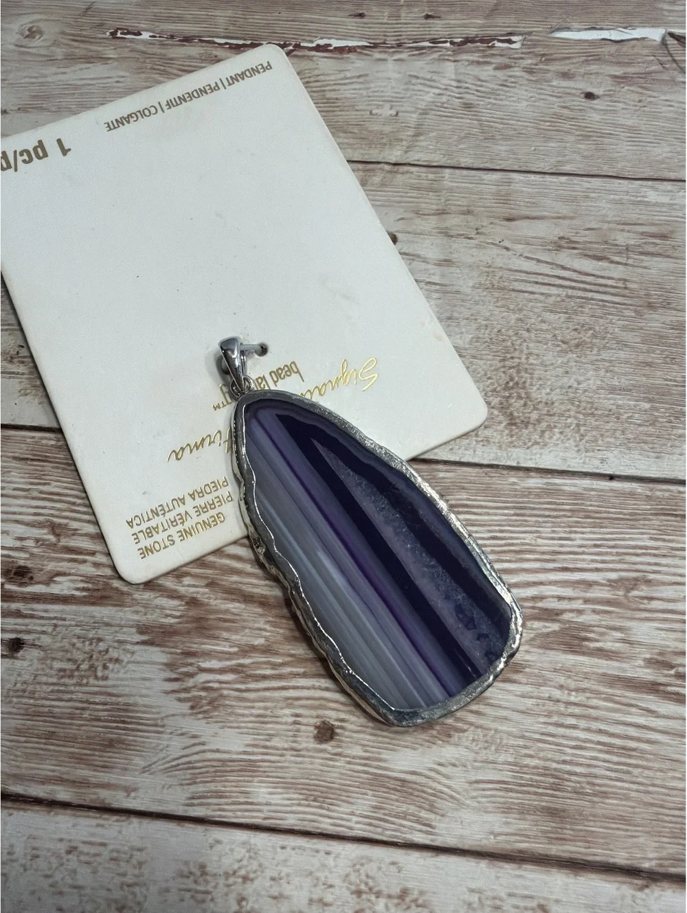 Purple Agate Slice Pendant Nickel Free Silver Tone